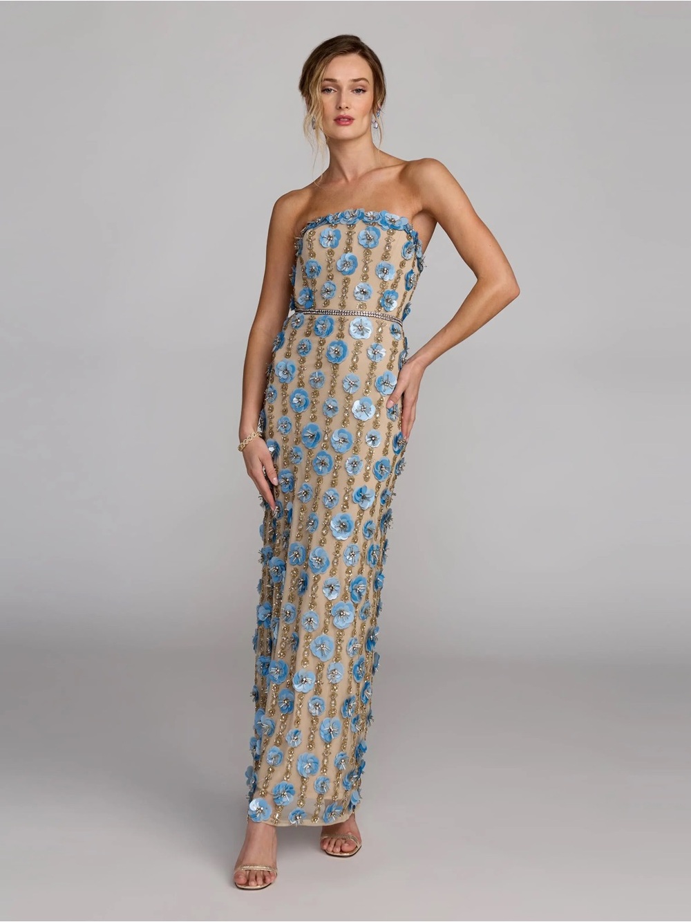 Mac Duggal 10128 Beige Strapless 3D Floral Embellished Dress sz 12